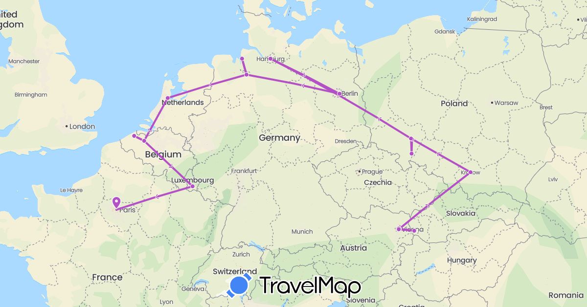 TravelMap itinerary: driving, train in Austria, Belgium, Germany, France, Luxembourg, Netherlands, Poland, Slovakia (Europe)